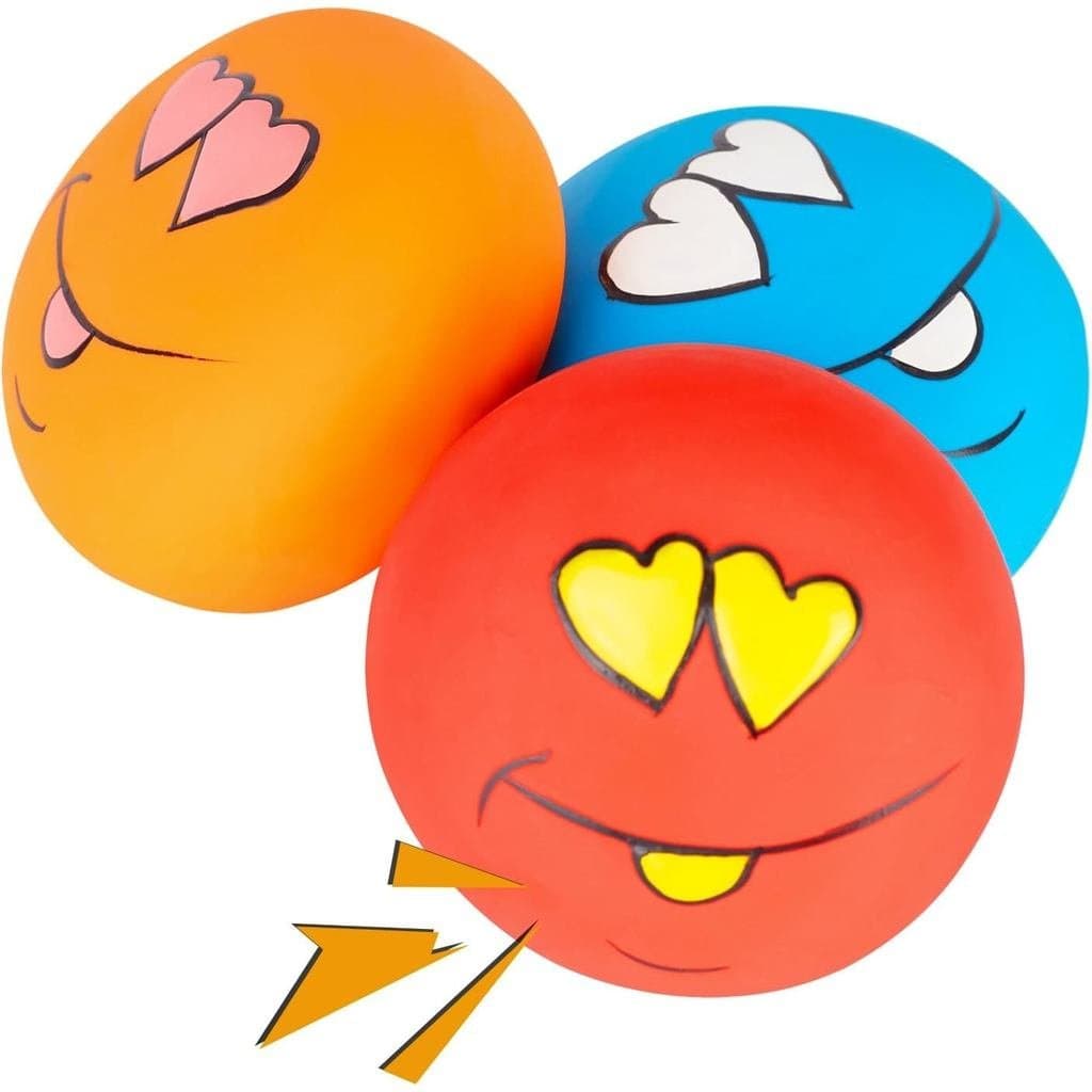 Pequena bola de jogo interativa mastigável, em látex, com som, sorriso, que faz barulho e é adequada como brinquedo de b