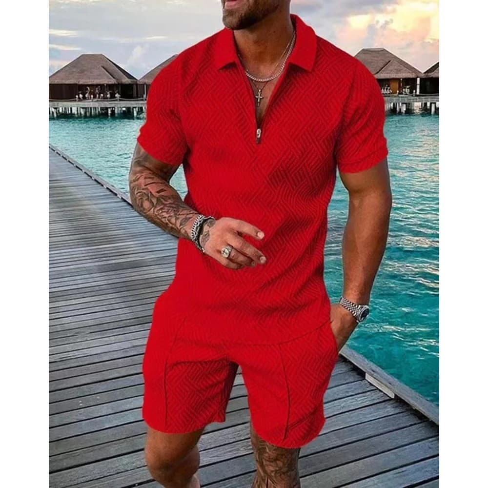 Conjunto de Camisa Polo Masculina de Cor Sólida para o Verão, Camisa Polo de Manga Curta com Zíper de Alta Qualidade par