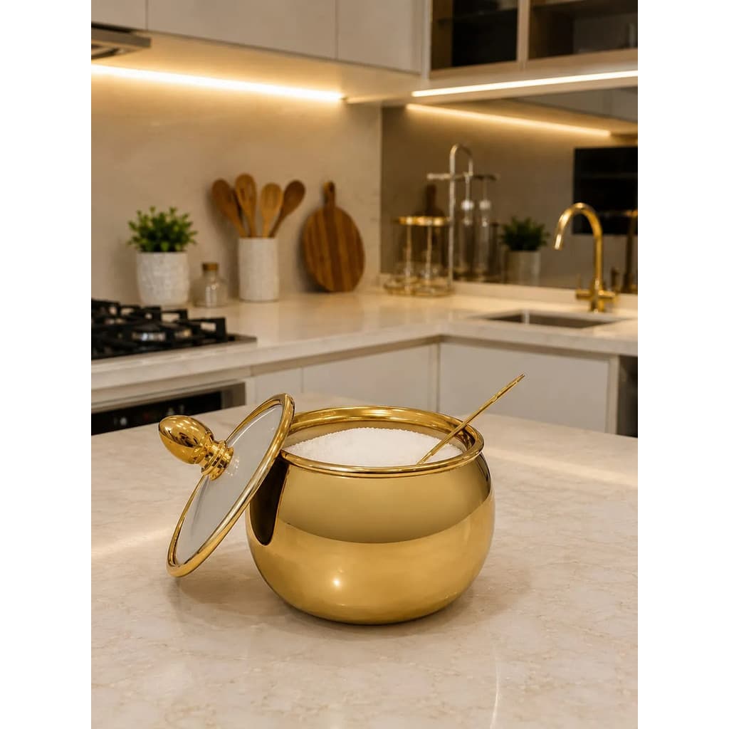Açucareiro Saleiro de Inox C/colher Prata E Dourado C/ Tampa De Vidro