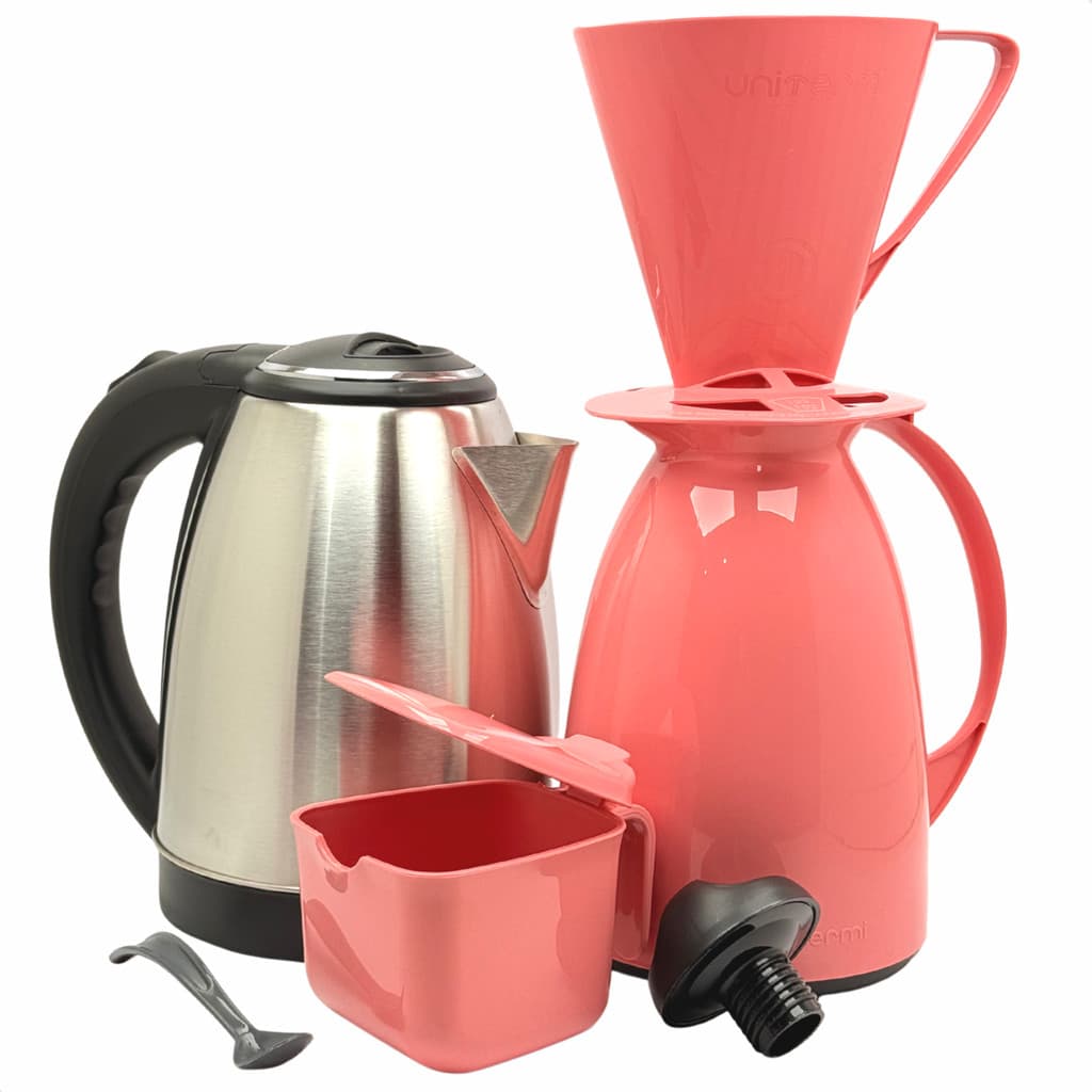 Kit Café Prático Chaleira Bule Jarra Elétrica Inox 1,8 Litros + Garrafa Térmica Filtro Coador Açucareiro Rosa
