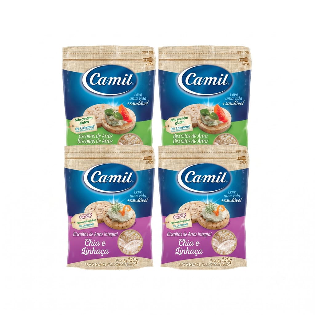 Kit 4 Biscoitos de Arroz Camil Integral e Chia Linhaça 150g