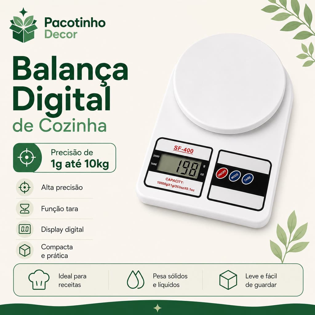 Balança Digital Cozinha 10Kg Precisão Balança de Alimentos Cozinha
