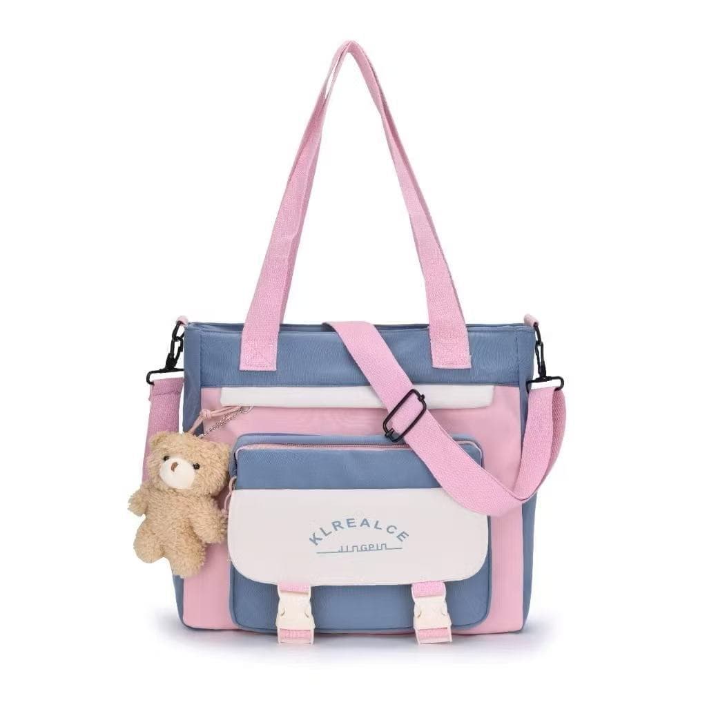 Bolsa transversal fofa, bolsa de ombro estilo coreano/japonês, mochila escolar infantil colorida + ursinho de pelúcia EB