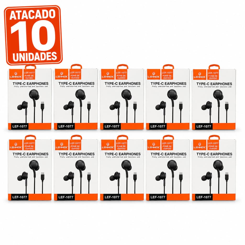 Kit 10 Fones de Ouvido USB Tipo C Lehmox LEF-1077 com Microfone Atacado Revenda