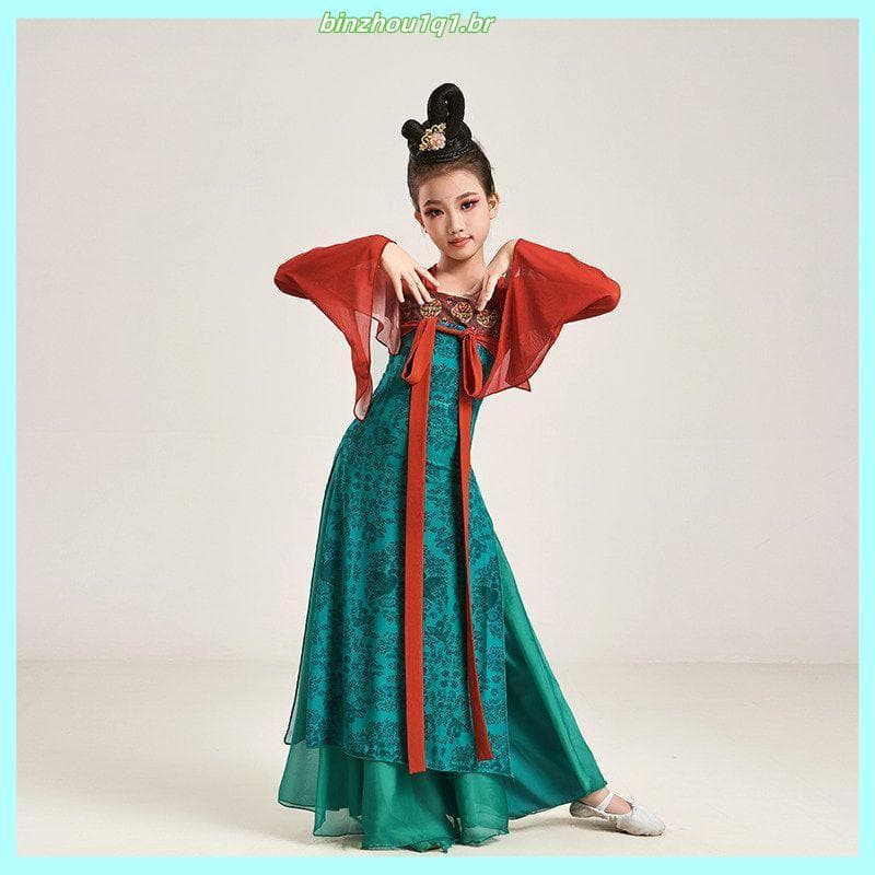 Crianças traje de dança clássica elegante chinês Tang Qi peito saia desempenho prática roupas Xiyu pedra azul corpo rima