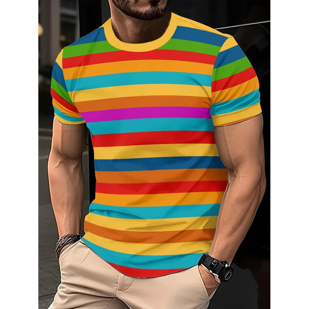 Verão Clássico 3D Listra Impressão Camiseta Masculina O-Pescoço Manga Curta Camisetas Gráficas Esportivas Casuais Roupas