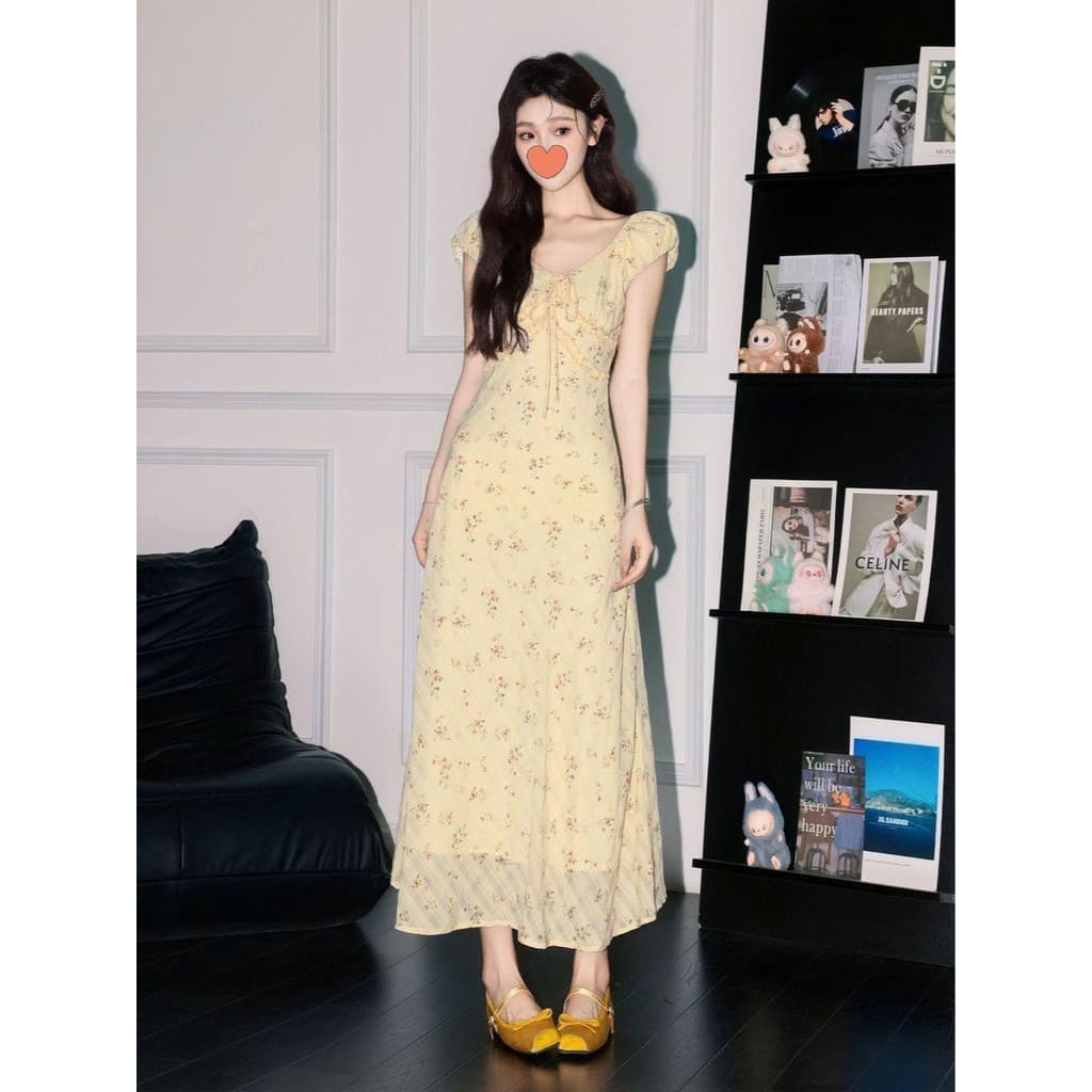 Vestido feminino de alta qualidade, estilo francês, com estampa floral suave, elegante para o verão, com cintura marcada