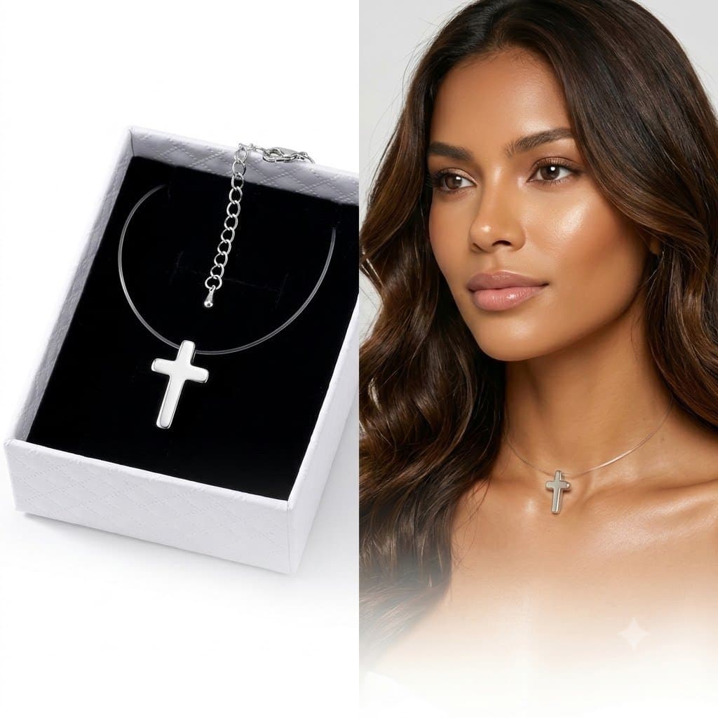 Colar Feminino Cruz Crucifixo Prata  Fio Invisível Flutuante + Caixa para Presente Luxuosa Presente Perfeito