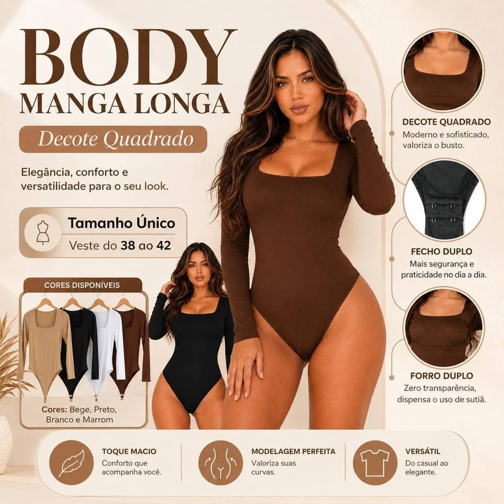 Body Manga Longa Suplex Feminino Decote Quadrado Elegante Forro Duplo Frontal Conforto e Versatilidade