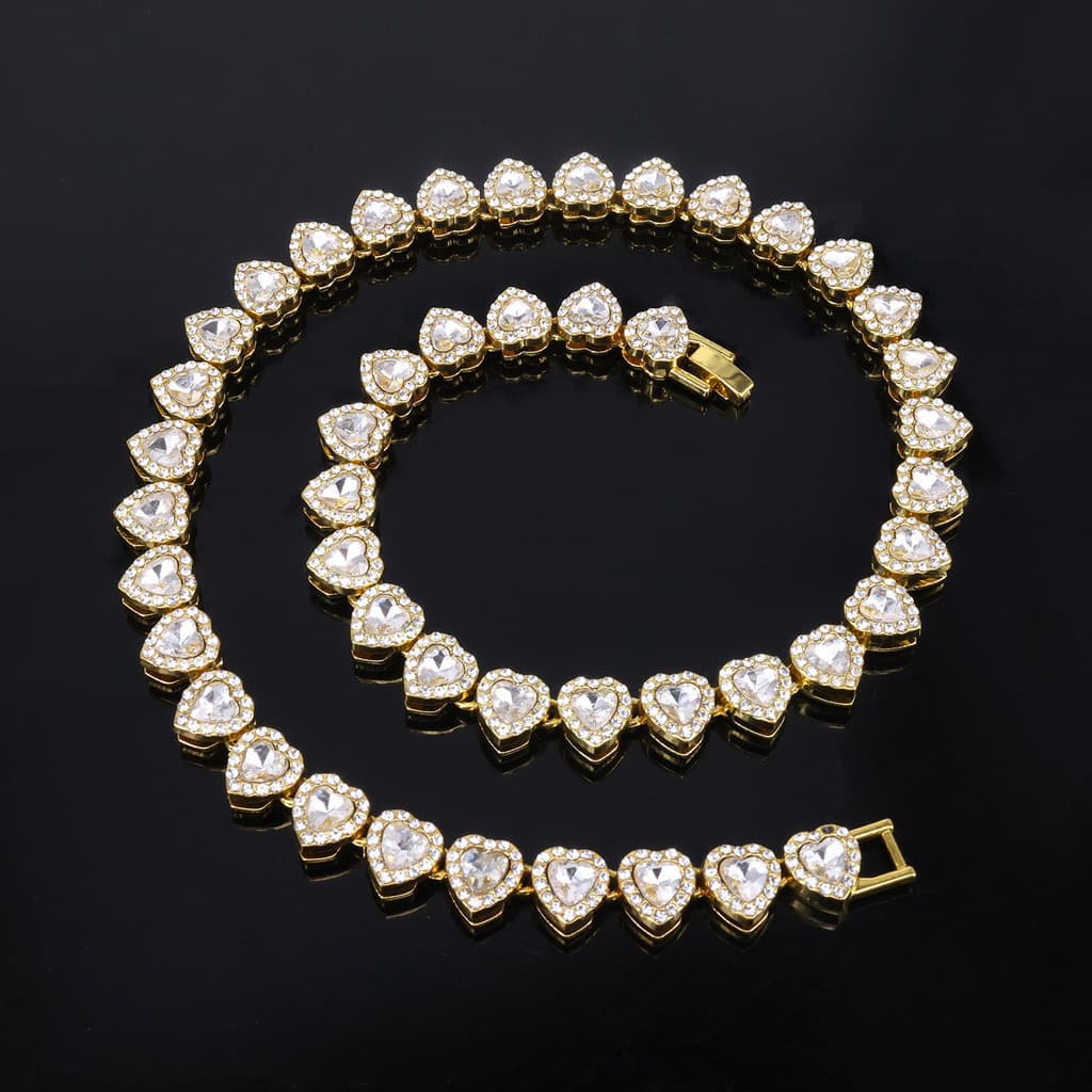 Colar de vidro em formato de coração de 11mm, incrustado com strass, estilo hip-hop moderno, joia masculina durável WJWU