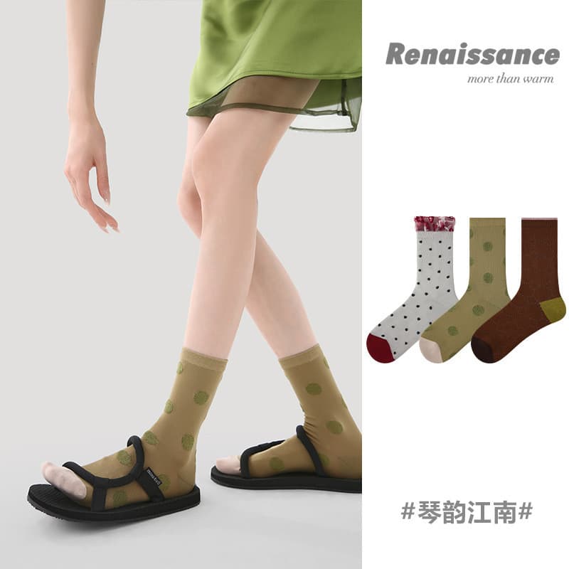 Renaissance 3 pares todas as estações novo estilo simples meias de tubo médio respirável renda estilo fino meias de malh