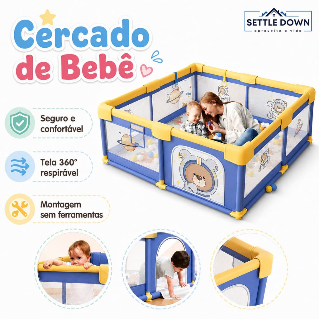 Cercado para Bebê Chiqueirinho Infantil Grande com Tela Respirável e Porta 2x1,5m / 1,8x1,2m