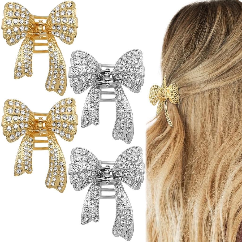 4Pcs Bow Rhinestone Hair Claw Clips Fancy Butterfly Gold Silver Metal Clamps Cute Bowknot Small Non Slip Strong Hold Jaw