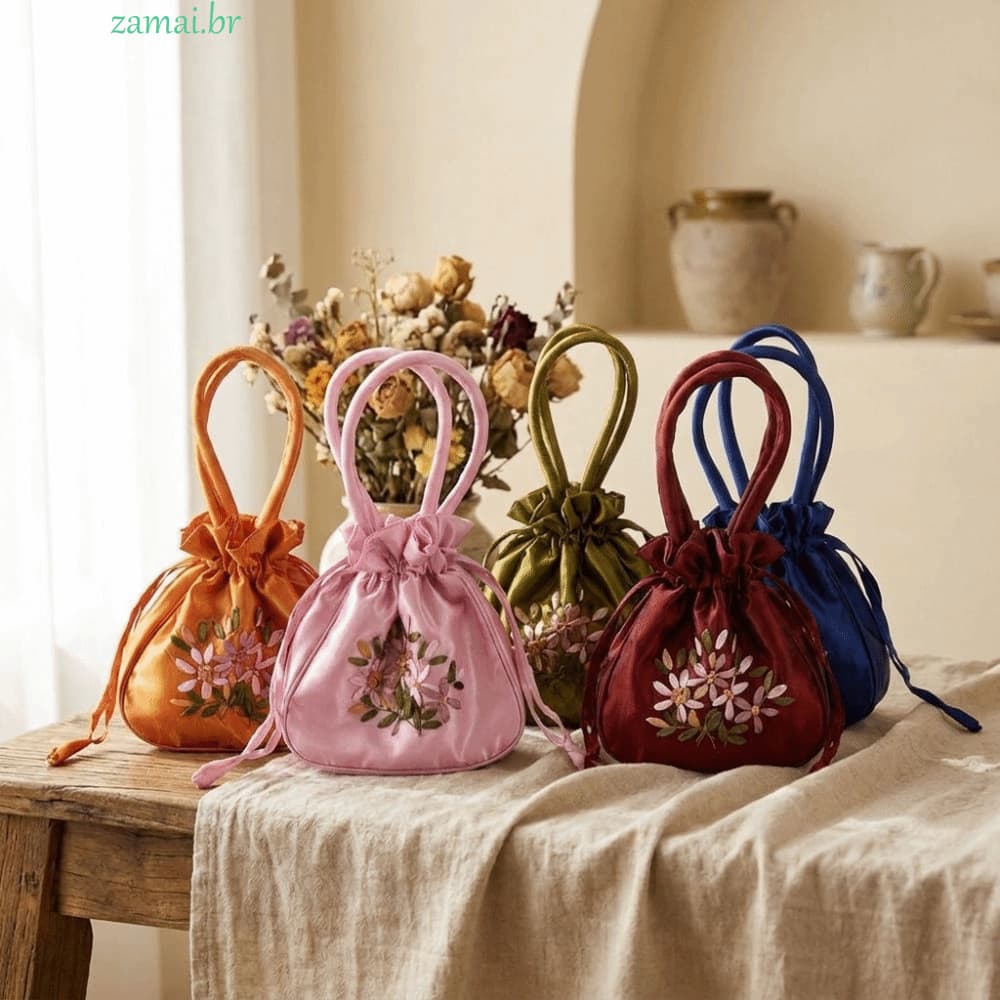 ZAMAI Hanfu Bolsa Com Cordão , De Seda Acetinada Para Mamãe Flores Bordada , Carteira Pequena Coreana De Folha