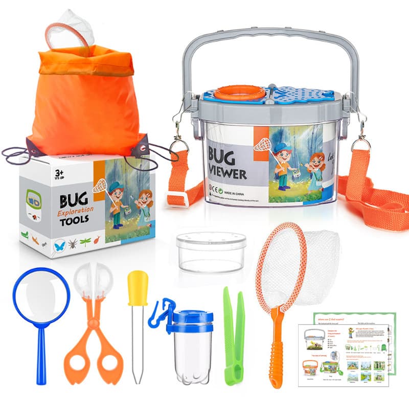 Kit Infantil Exploração Ar Livre 11 Peças, Caixa Portátil Transparente Observação Insetos com Lupa