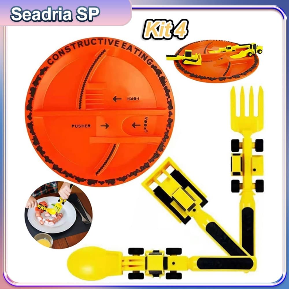Kit Construtora 4 Peças: Prato + Talheres Infantis (Garfo, Colher, Escavadeira, Pá) - Presente Criativo