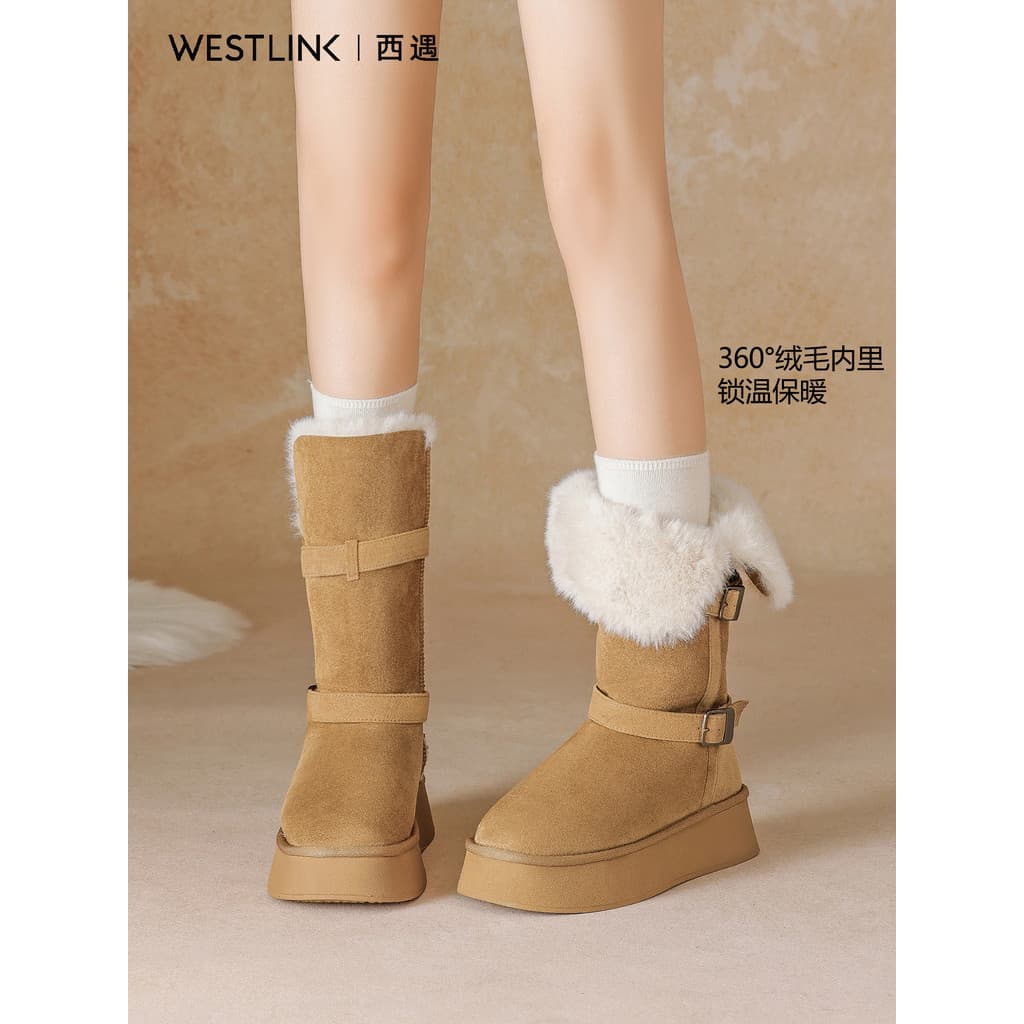 Western Meet Botas de neve de sola grossa femininas 2025 Novo estilo Botas de inverno de venda quente Botas de duas peça