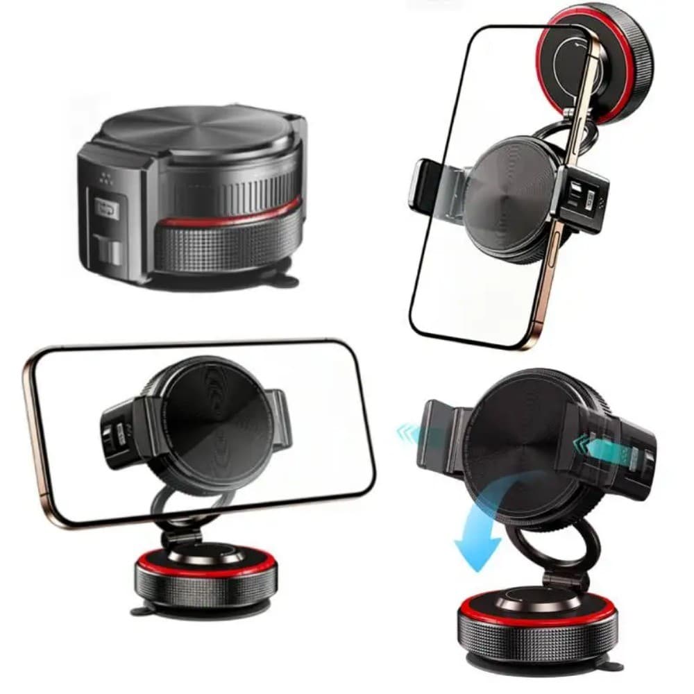 Suporte Magnético Dobrável 360° para Celular com Fixação Dupla e Vácuo – Suporte Veicular 2 em 1