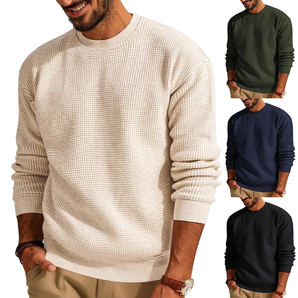 Suéter masculino Waffle Casual cor sólida gola redonda suéter pulôver