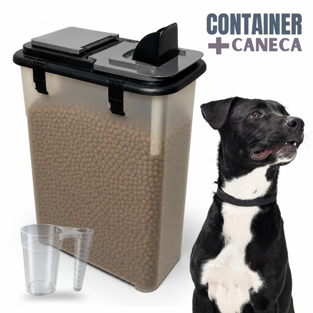 Kit Container Porta Ração 15kg 35L + Caneca Pá Dosadora Tampa Trava Vedada Anti Formigas Fechamento