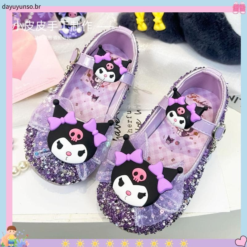 Meninas princesa sapatos de couro primavera outono 2025 sapatos sola macia novo estilo crianças strass arco Kuromi sapat