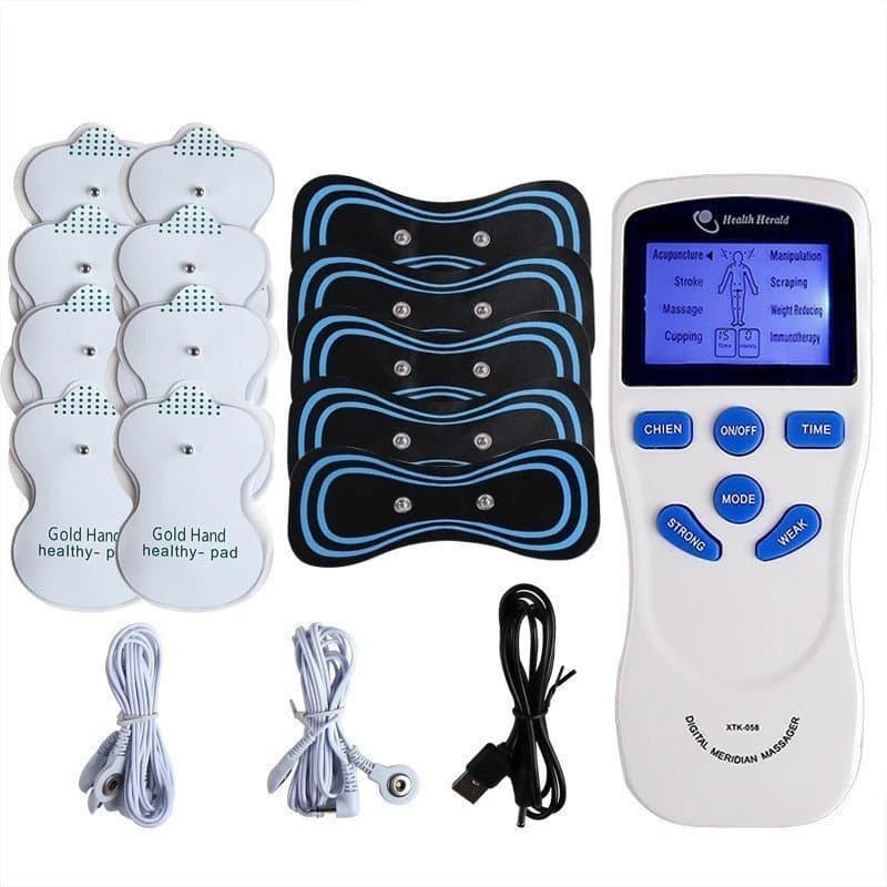 Massageador TENS de duplo canal com 8 modos, usado para aliviar dores nas costas e no pescoço, equipado com eletrodos pa