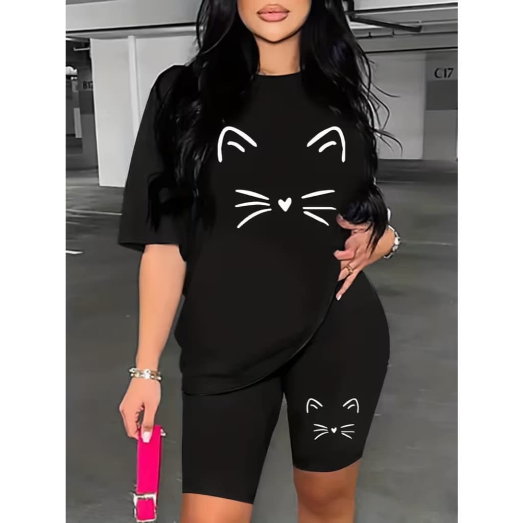 CONJUNTO FEMININO ACADEMIA BERMUDA LEGGING+CAMISETA ESTILOSO GATINHO