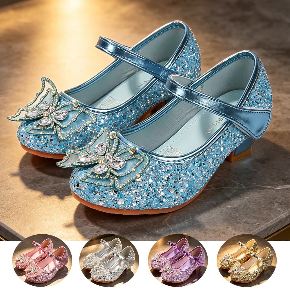Fantasia Meninas Glitter Mary Jane Sapatos De Salto Baixo Borboleta Cristal Princesa Vestido Festa Aniversário Casamento