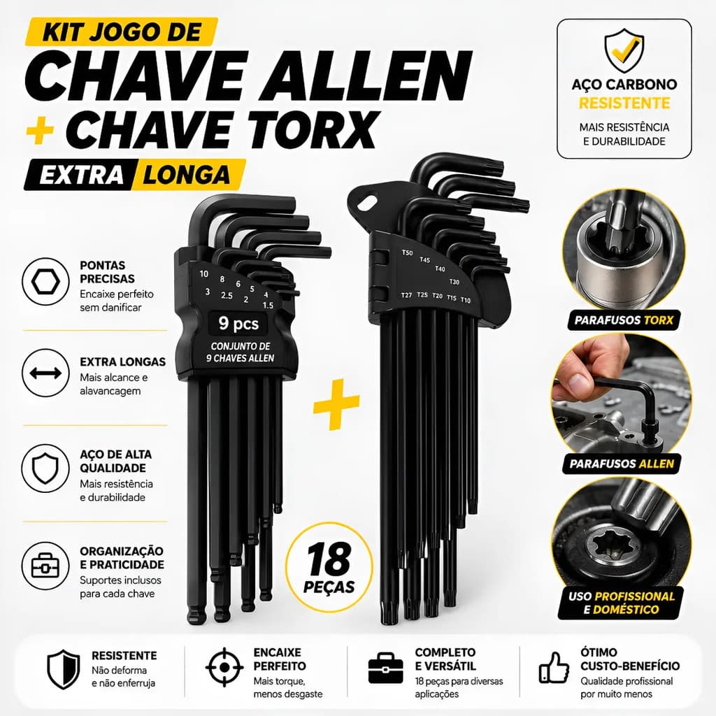 Jogo Chave Torx E Allen Bola Extra Longa Aço 18 Pçs Abaulada