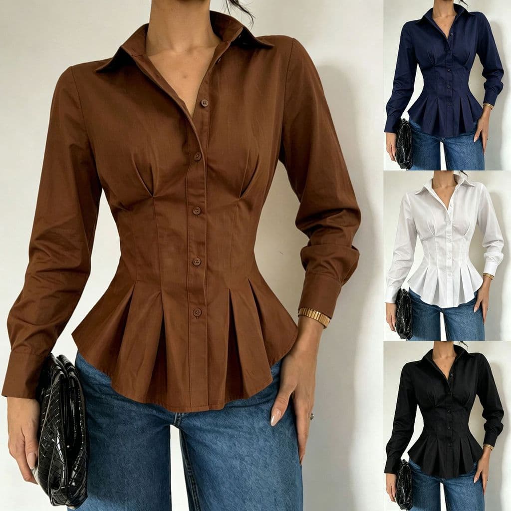 Camisa Feminina Peplum Bainha Manga Longa Lapela Gola Franzida Cintura Botão-Up Babados Guarnição Blusa Justa Elegante E
