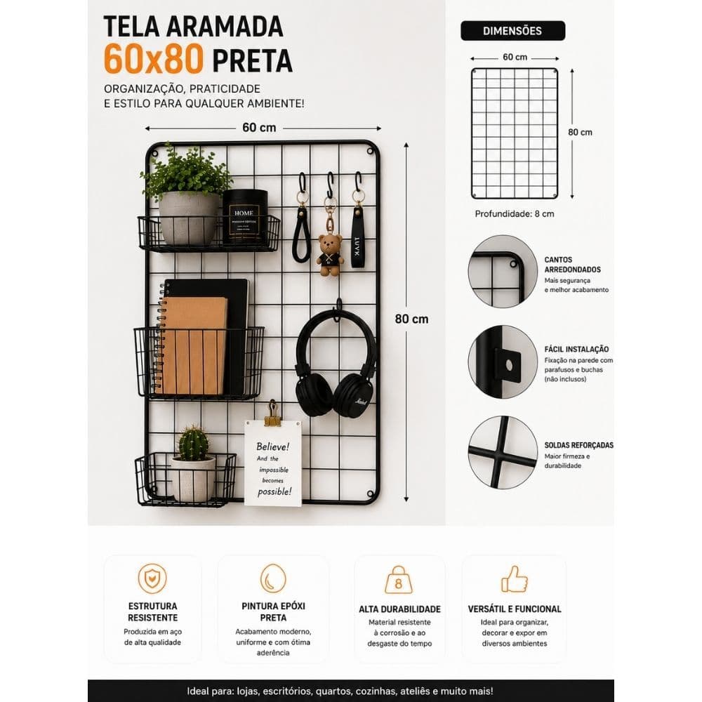 Tela Aramada Expositora 60x80 Preta Painel de Aço Organizador Parede Loja Decoração
