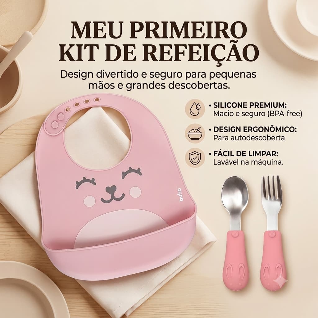 KIT REFEIÇÃO BABADOR  CATA MIGALHAS E TALHERES EM SILICONE BUBA ROSA