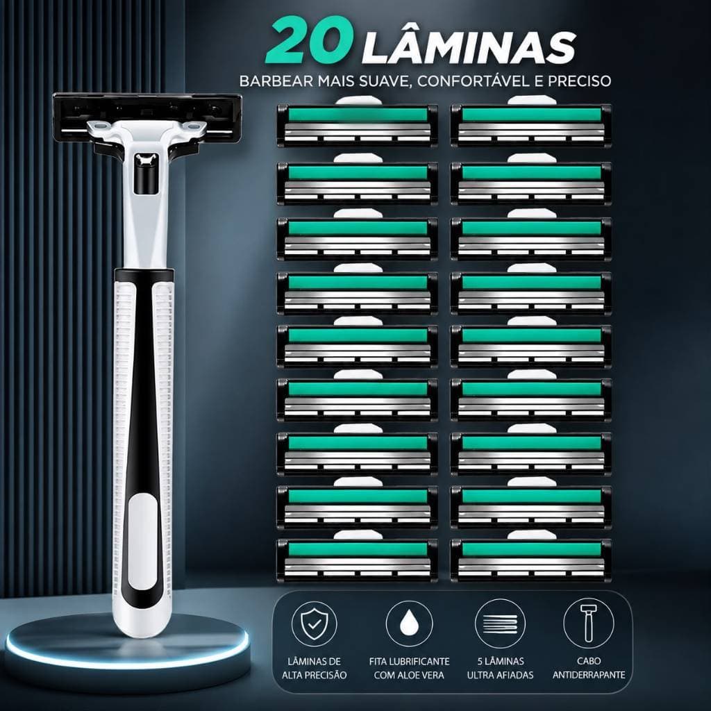 Aparelho de Barbear 2 Lâminas + 20 Refis Masculino Barbeador Manual Cabo Antiderrapante Alta Precisão