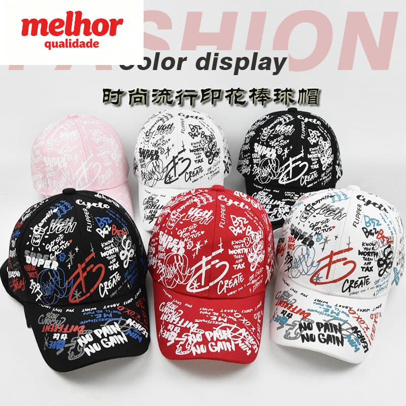 Boné de beisebol com estampa completa Graffiti Letter Homens Mulheres Street Wear Impresso Soft Top Cap Street Hip Hop A