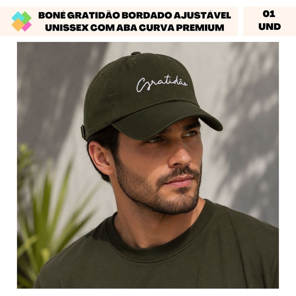Boné Gratidão Bordado Ajustável Unissex Com Aba Curva Premium (1 Und)