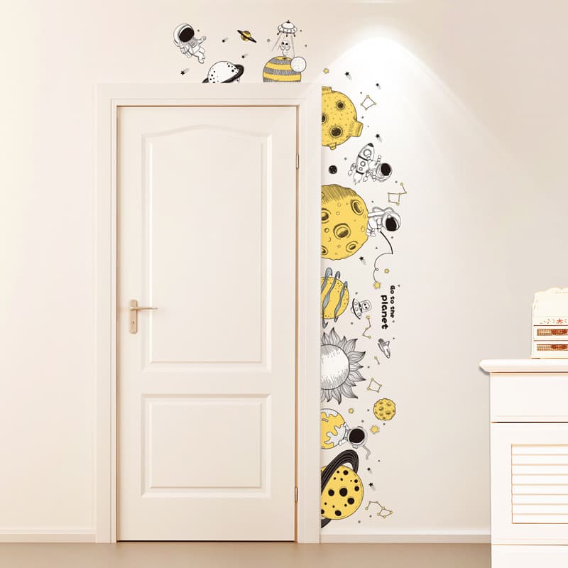 Menino crianças quarto porta adesivos auto-adesivo decoração de parede quarto universo astronauta dos desenhos animados