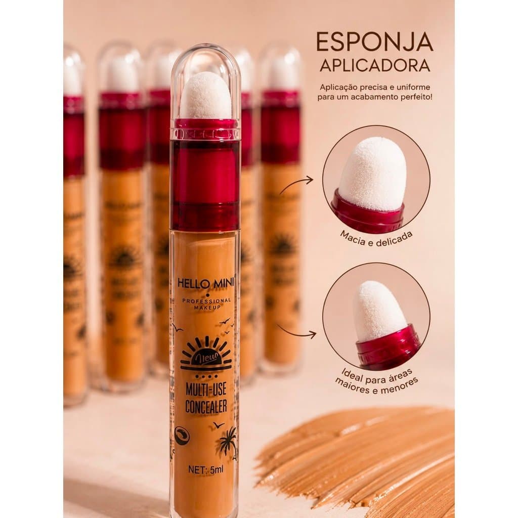 Concealer Multi-Use Corretivo Líquido Alta Cobertura Com Esponja Aplicadora Acabamento Natural Hello Mini