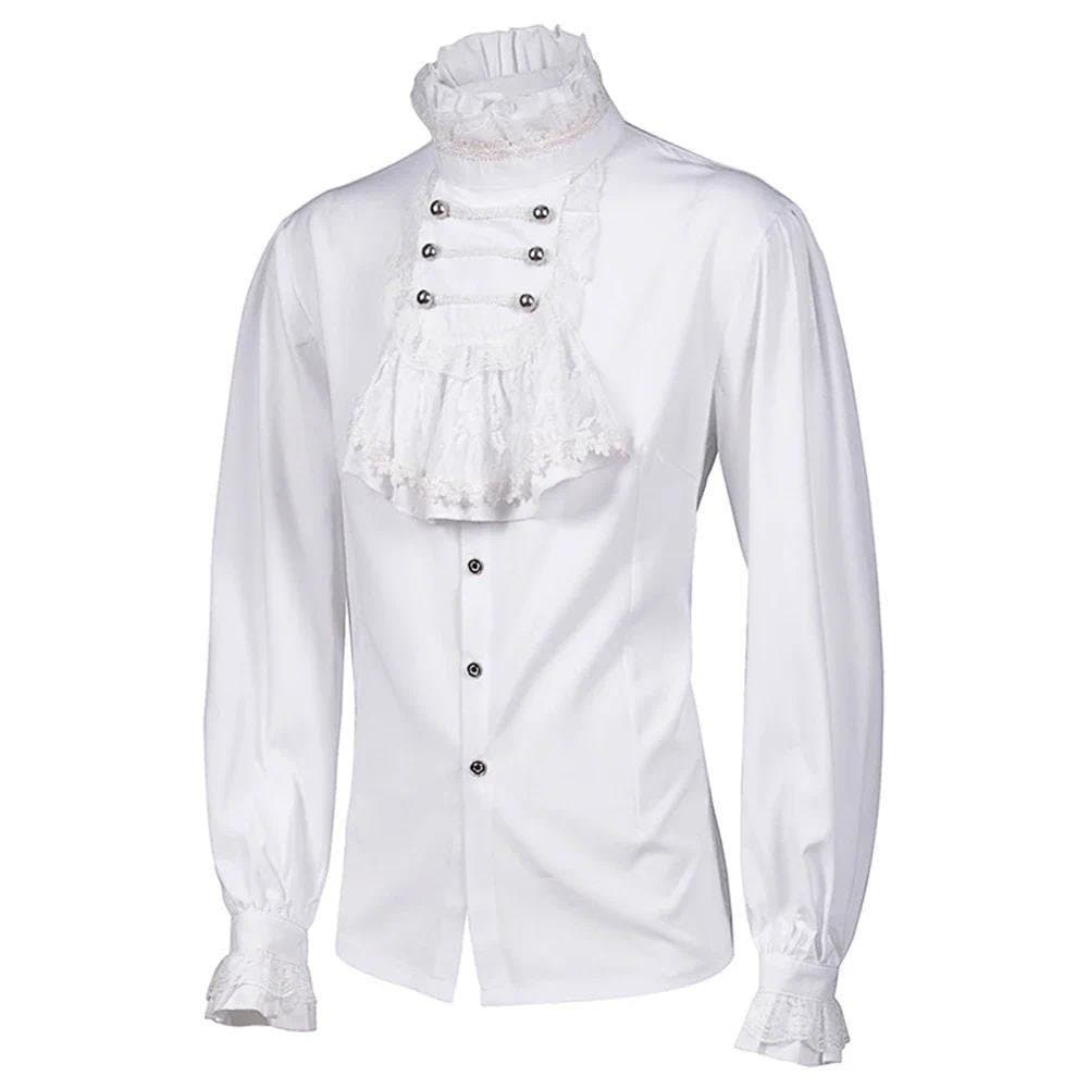 Camisas e Blusas Brancas Góticas Masculinas, Tops Retrô Vitorianos Medievais, Rendas, Babados, Colarinho, Camisa com Man