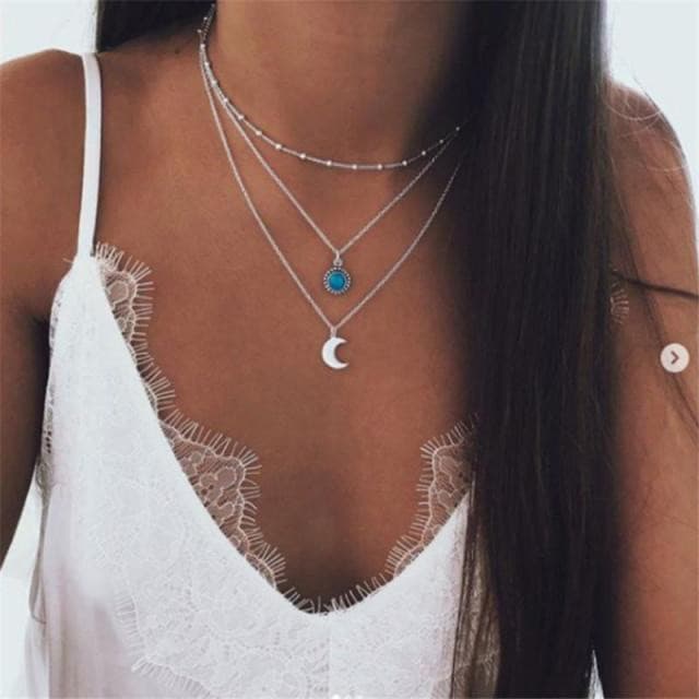 Colar 3 Camadas Choker Multicamadas com Pingente Lua e Pedra Pureza