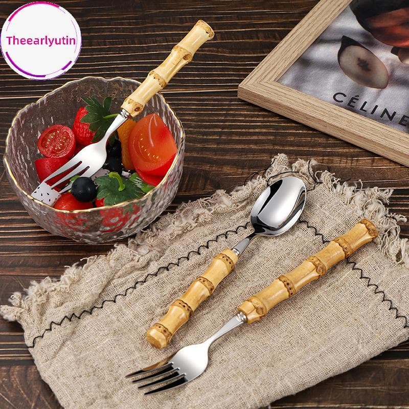 theearlyutin Colher De Servir Com Cabo Longo Garfo De Aço Inoxidável Ouro Prata Bambu Madeira Salada Spork Sobremesa Con
