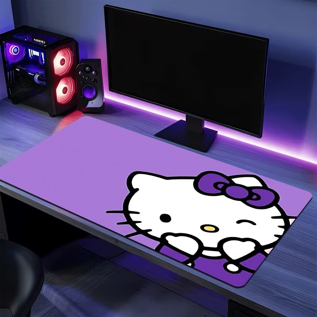 Mouse Pad Hello Kitty Roxo 90x40 cm para Setup Gamer, Teclado e Mouse