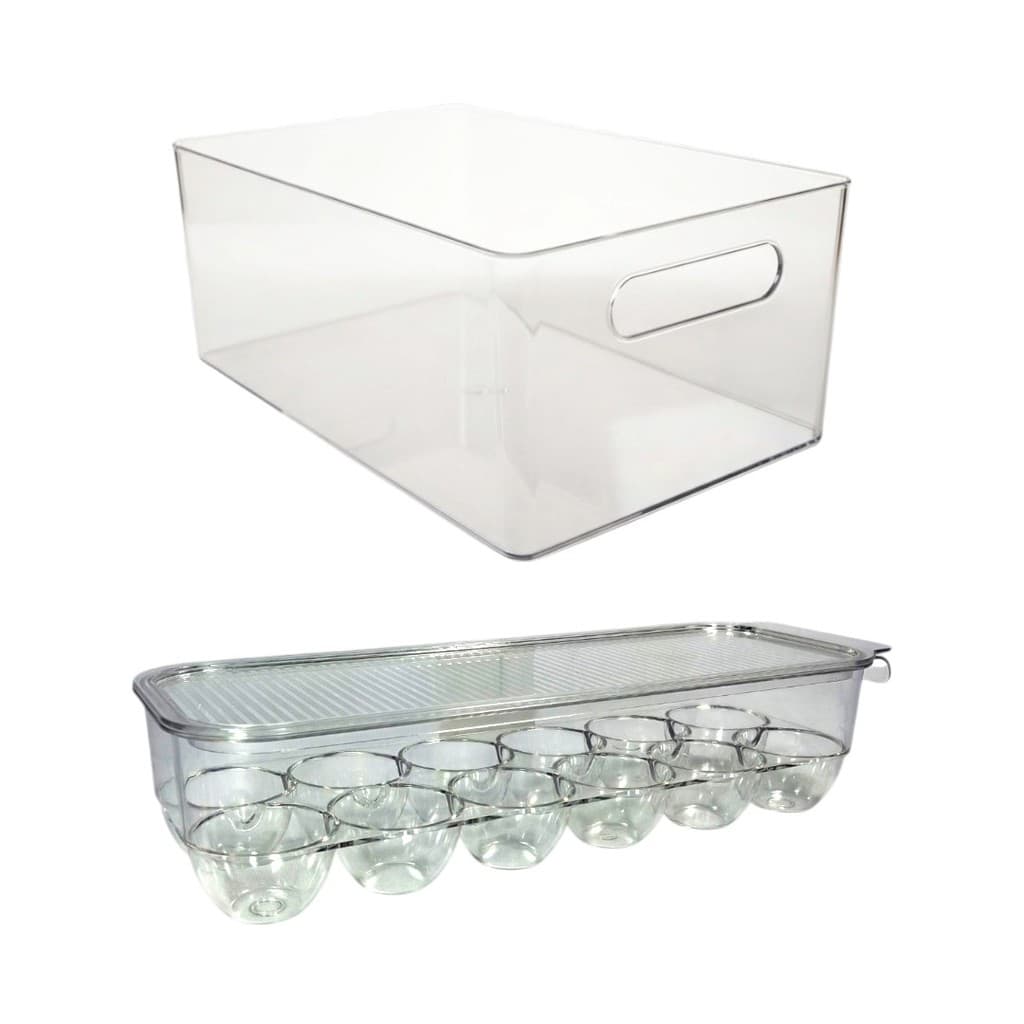Kit 2 Peças Geladeira Caixa Organizadora Estilo Gaveta + Porta Ovos 12 Unidades Com Tampa