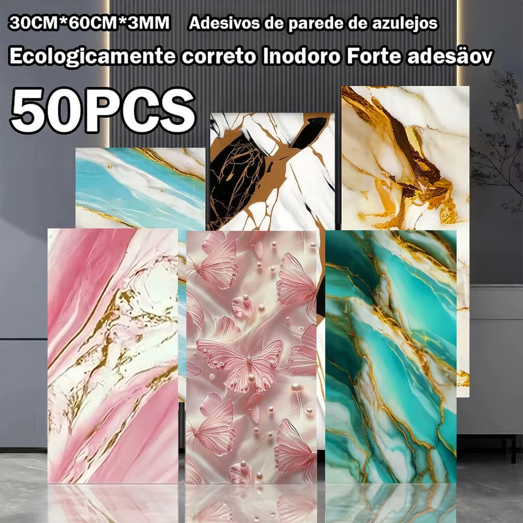 Kit 50 Placas Adesivas 30x60cm Mármore Dourado Autoadesivo Impermeável Revestimento Parede Cozinha Banheiro