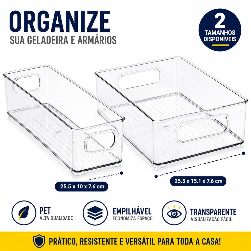 Organizador de Geladeira Transparente PET Empilhável Caixa Organizadora com Alças para Cozinha Despensa Armário