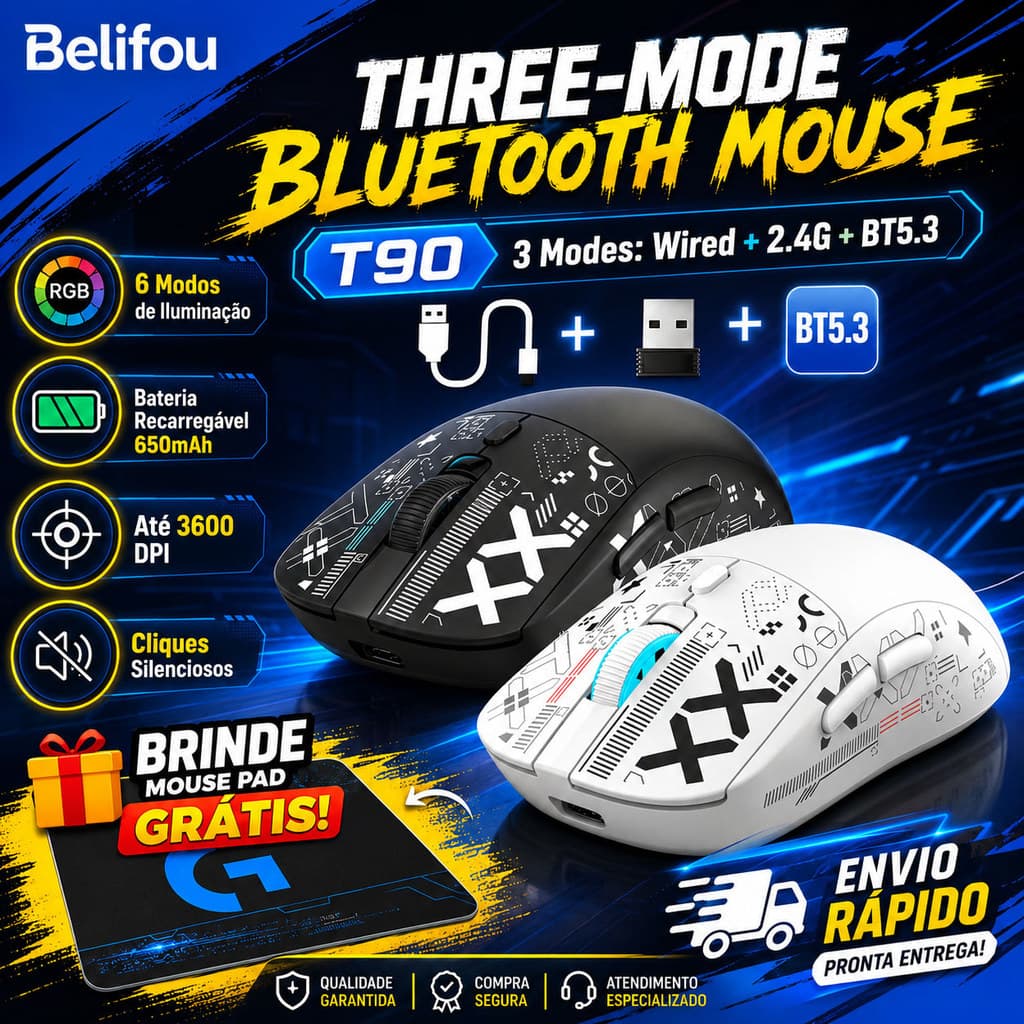 Mouse Gamer Sem Fio Bluetooth RGB Recarregável T90 2.4G USB 3600 DPI Silencioso Ergonômico Com Mouse Pad