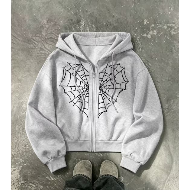 Moletom Oversized Com Zíper Estampa Teia de Aranha Canguru Unissex Flanelado Casual