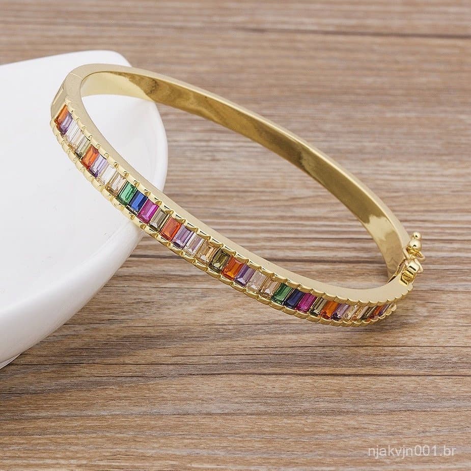 Pulseira Feminina Clássica Ouro Cor De Strass Simples Tendência Arco-Íris Jóias Presente