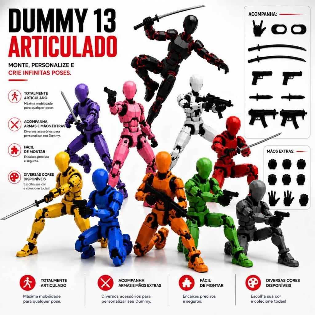 Boneco Dummy 13 Articulado com Acessórios Kit Completo Brinquedo Montar Figura de Ação Anti Stress Colecionável