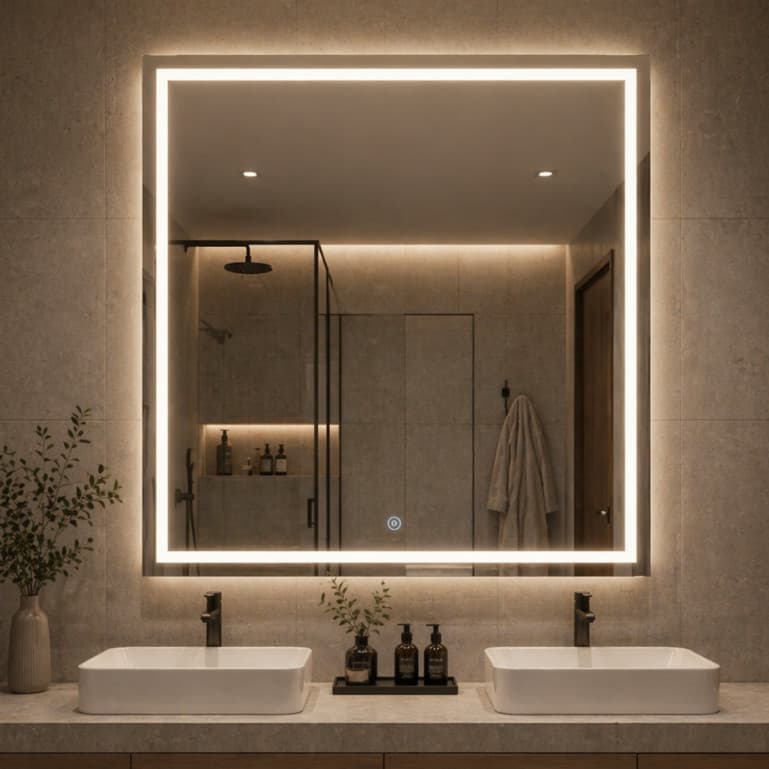 Espelho Quadrado com LED mais Forte 50x50 Botão Touch 3 Cores Jateado Lapidado Banheiro Premium Luxo