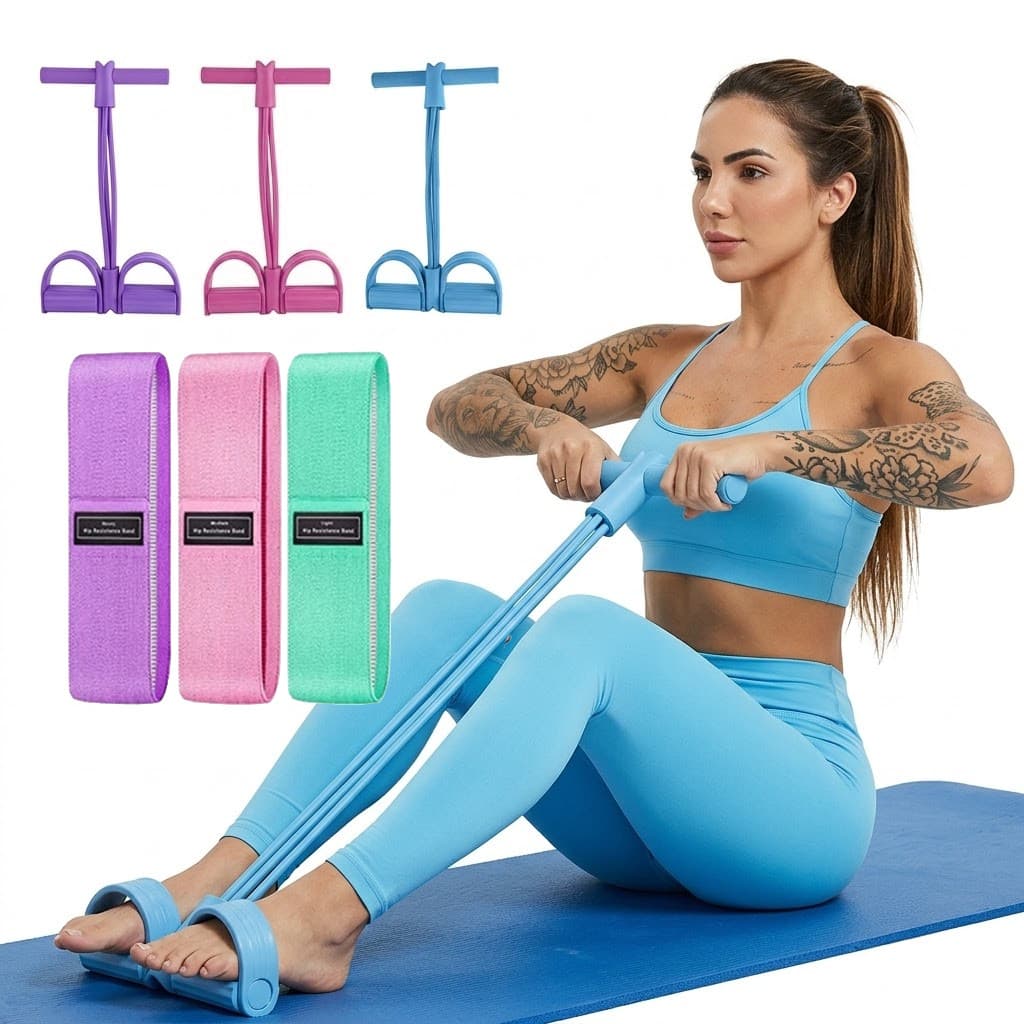Elástico Extensor + kit 3 Mini Bands Faixas de Resistência para Exercícios Fitness Academia Yoga Pilates
